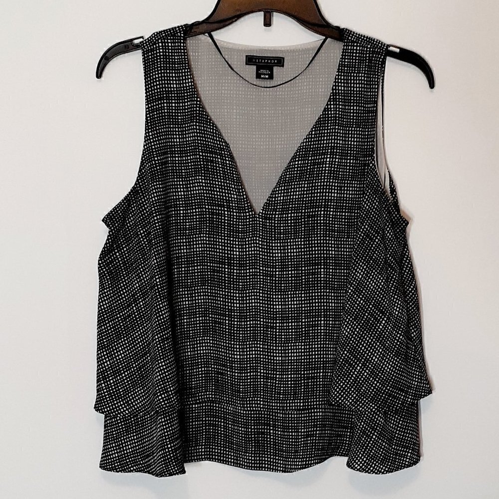 WOMEN'S "Metaphor" Short Flared & Tiered Sleeveless Black Chiffon Top; Size M